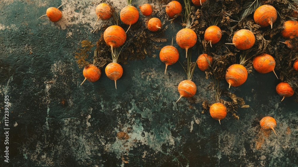 Aufkleber freshly harvested heirloom carrots arranged artistically on a rustic textured background showcasing 