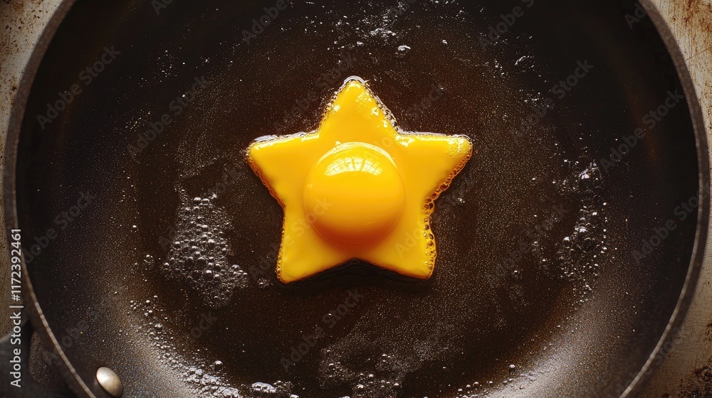 Poster star-shaped egg frying in a pan creating a whimsical breakfast presentation with vibrant yellow yolk