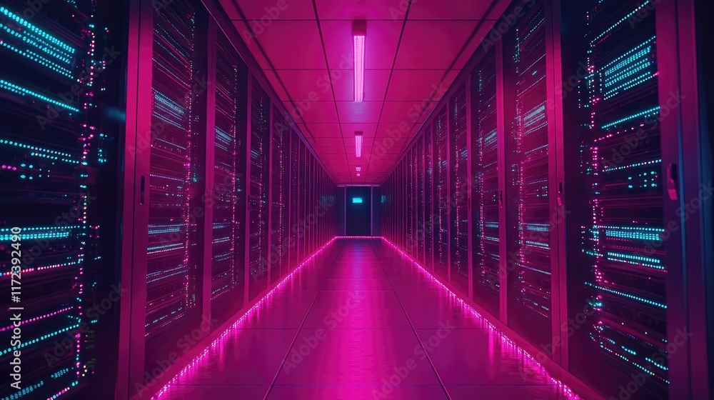 Poster futuristic data center corridor illuminated with vibrant neon lights showcasing advanced server tech