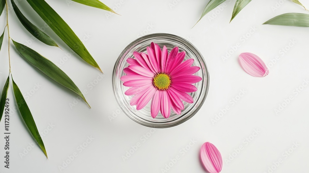 Aufkleber Pink daisy floating in water with bamboo leaves on a white table creating a serene spa atmosphere top view design