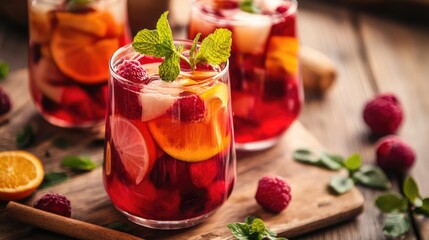 Refreshing fruit-infused beverages in glasses garnished with mint leaves on a rustic wooden table surrounded by fresh fruit and herbs