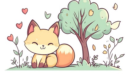A happy little fox with a bushy tail resting under a minimalist pastel tree, soft pastel tones, clean white backdrop, hand-drawn style, kawaii-inspired aesthetic, hd quality.