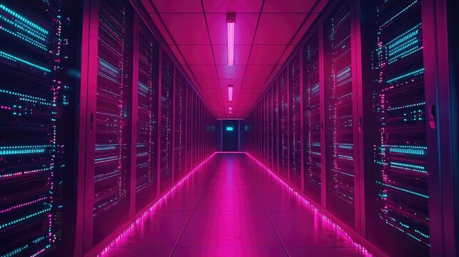 Futuristic data center corridor illuminated with vibrant neon lights showcasing advanced server technology and network infrastructure