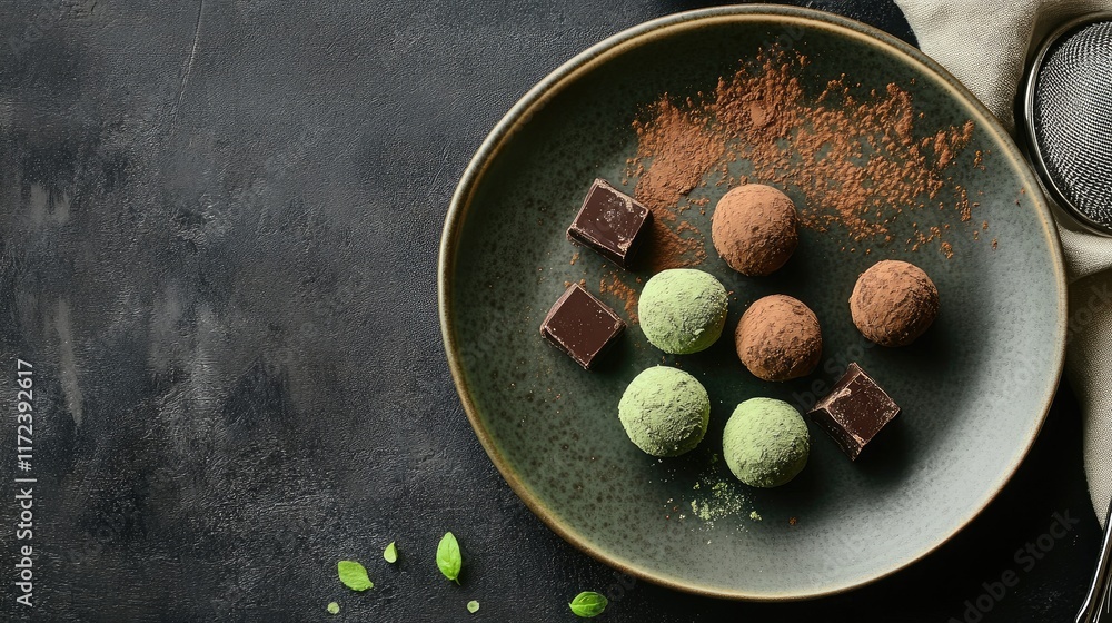 Poster Artisan chocolate truffles in various flavors arranged on a rustic plate with cocoa powder and chocolate pieces on a dark background