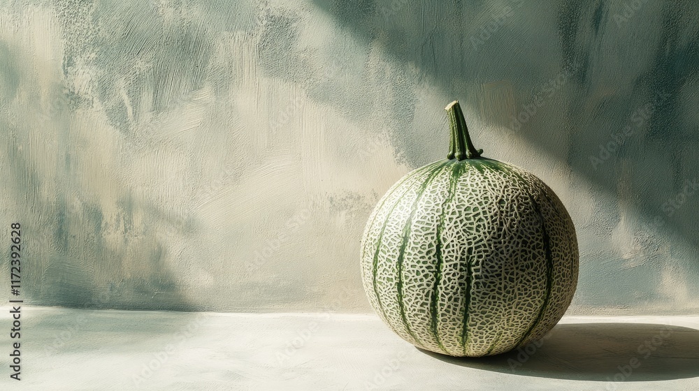 Poster overhead view of fresh melon on a light textured surface with soft natural lighting and shadows for 
