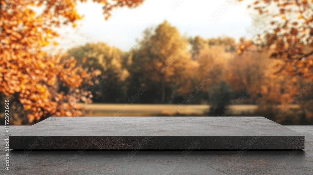 Poster empty surface on wooden table with blurred autumn landscape background ideal for product display and