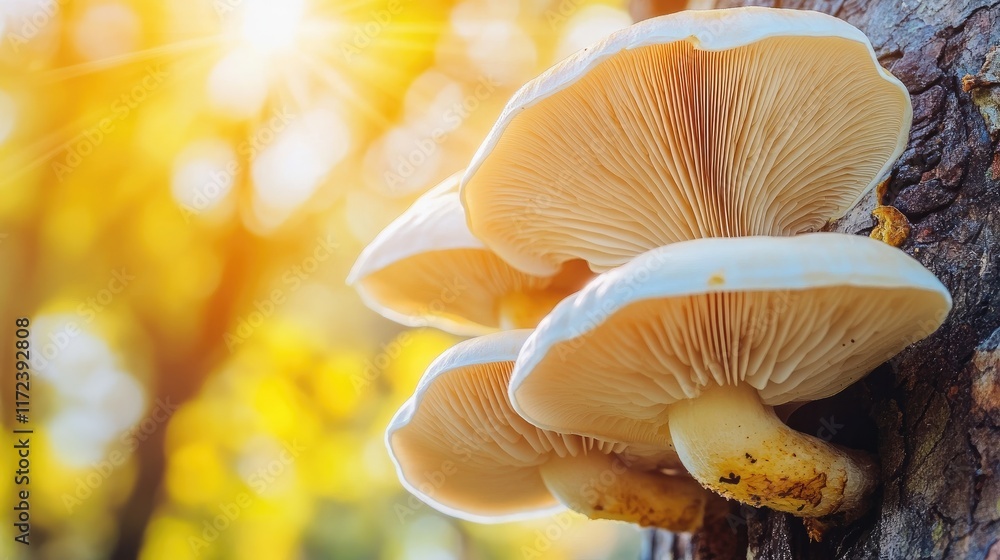Poster close-up of oyster mushrooms growing on a tree trunk with a blurred natural background and sun rays 