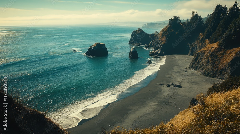 Poster scenic coastal view of a sandy beach surrounded by cliffs and lush forest under a clear sky at the n