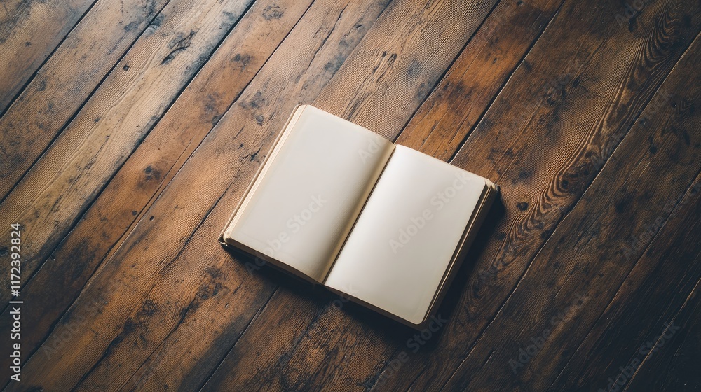 Poster open blank book on rustic wooden floor with an unopened book creating a tranquil and inviting readin