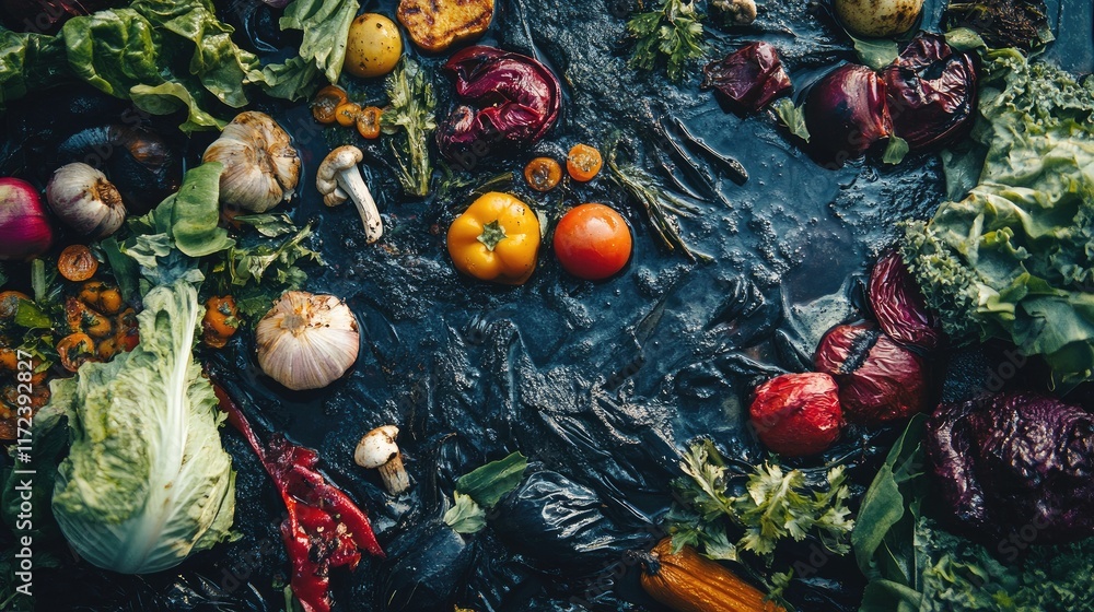 Poster overhead view of an assortment of grilled vegetables on a dark surface showcasing vibrant colors and