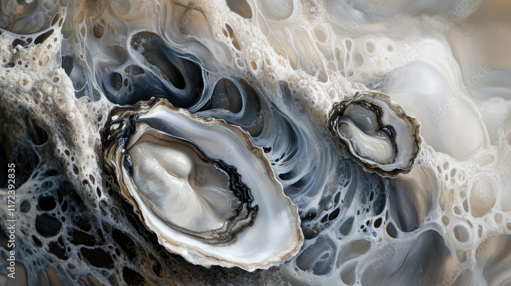 Leinwandbilder Close up view of oyster shells showcasing intricate textures and patterns against a soft blurred background in a natural setting.