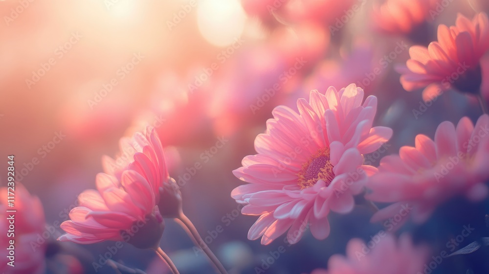 Poster pink chrysanthemum flowers in a serene garden setting with soft focus and warm sunlight creating a t
