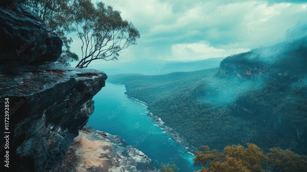 Poster serene panoramic view from a cliff overlooking a lush green valley and winding river under a moody s