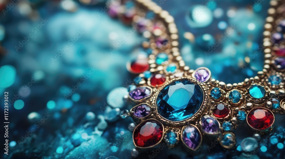 Poster elegant gemstone necklace displayed against a colorful bokeh background highlighting its intricate d
