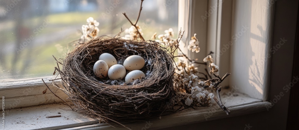 Poster nest of red collared dove with hatching eggs made from wood scraps and natural materials on a window