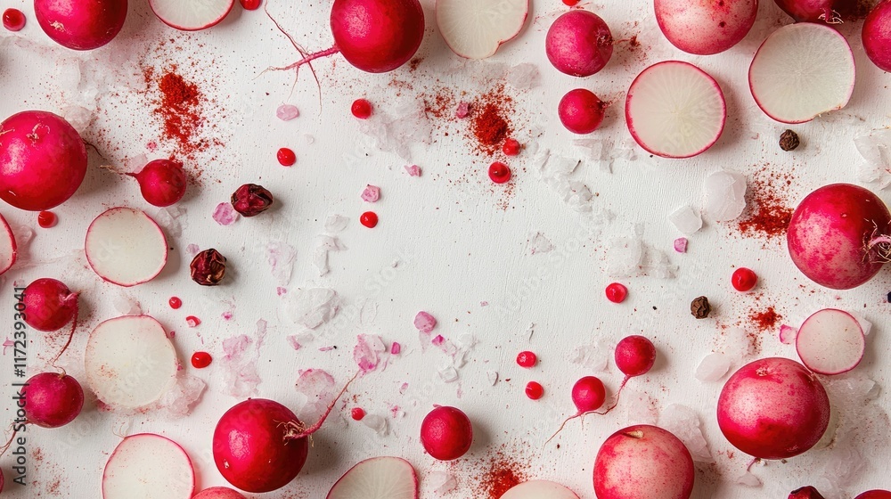 Poster Overhead view of vibrant radishes and colorful spices arranged creatively on a light background for culinary inspiration and healthy cooking.