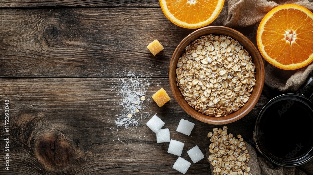 Poster overhead view of a rustic breakfast scene featuring oats coffee orange and sugar cubes on a wooden t