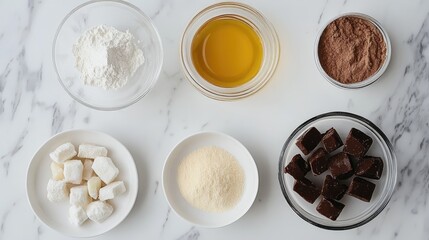 Overhead arrangement of baking ingredients on marble table including flour sugar cocoa oil and chocolate for recipe preparation