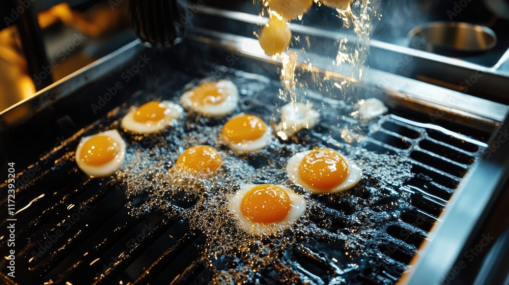 Poster overhead shot of eggs frying on a grill with sizzling sounds and steam creating a delicious breakfas