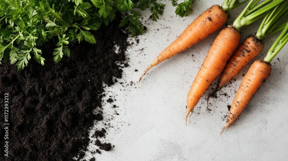 Poster overhead view of freshly harvested carrots and rich dark soil on a light textured surface showcasing