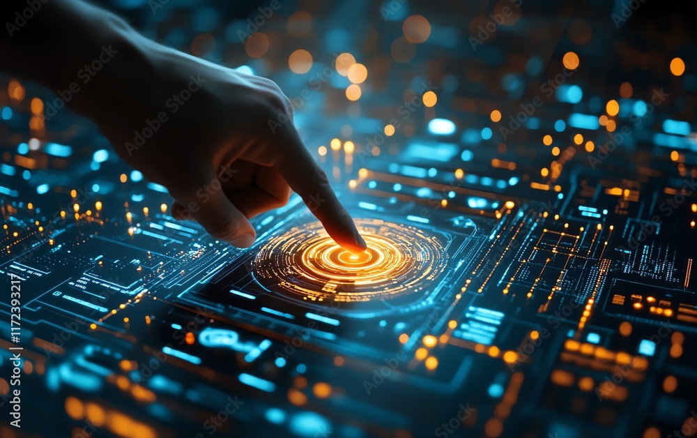 Poster detailed closeup of a hand pointing at the center of a digital interface, highlighting touch interac