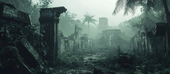 Abandoned military settlement ruins with weathered structures and lush overgrowth inviting exploration of lost history and nature's reclaiming.