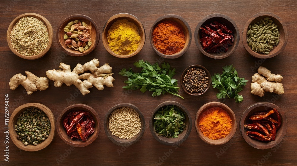 Aufkleber Overhead view of assorted spices and fresh ingredients arranged on a rustic wooden table for culinary inspiration and healthy cooking ideas
