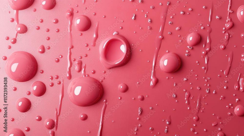Aufkleber Pink chocolate droplets scattered on a vibrant red background creating a visually appealing and indulgent texture.