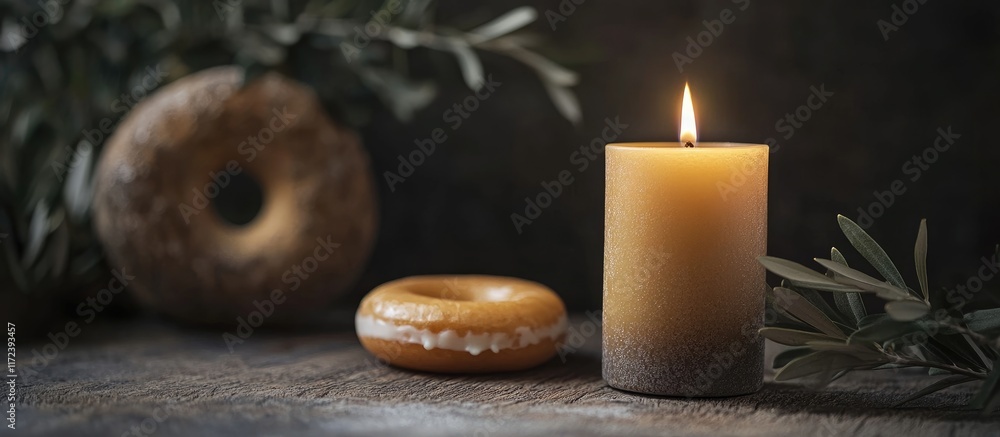 Poster burning aromatic candle on rustic table with olive branches and unique donut-shaped vase creating a 
