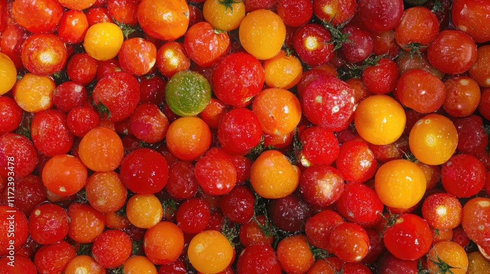 Poster vibrant assortment of fresh tomatoes in various colors displayed from an overhead perspective