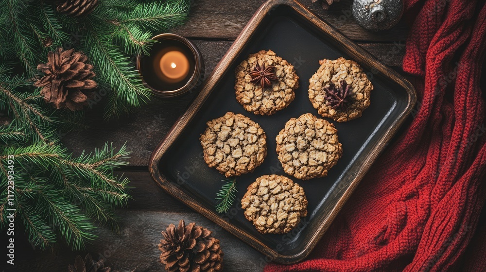 Poster overhead view of fresh oatmeal cookies on a rustic tray surrounded by pinecones and festive decorati