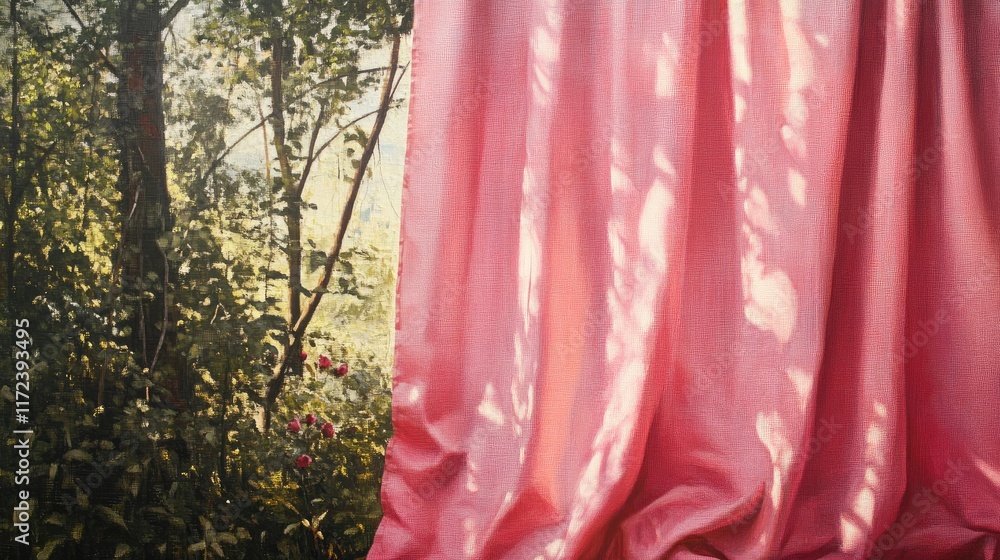 Aufkleber pink curtain draping in sunlight with lush greenery and floral backdrop creating a serene and tranqu