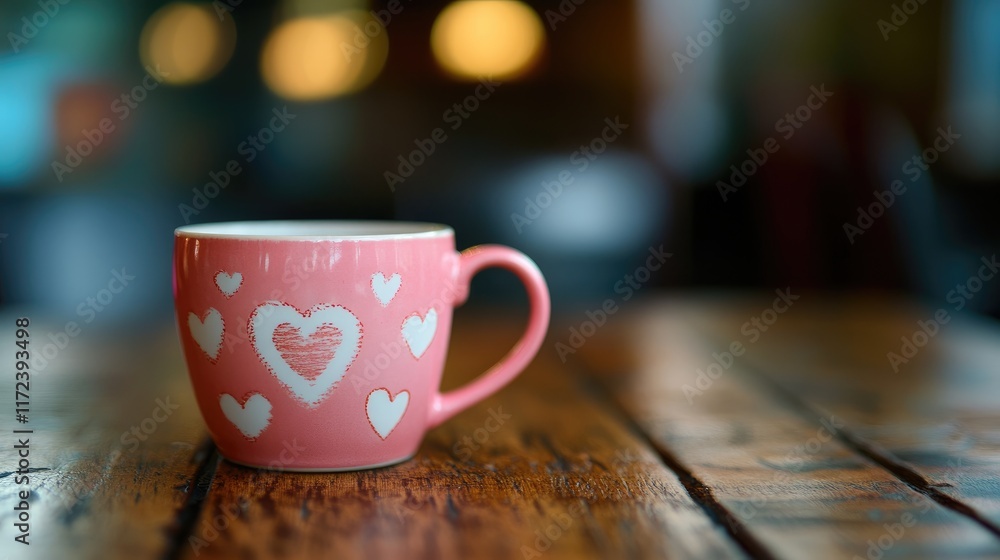Aufkleber Pink ceramic cup with heart patterns resting on a rustic wooden table in a cozy cafe setting with softly blurred background lights