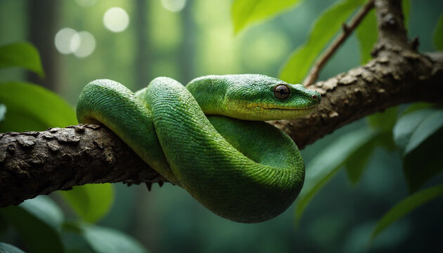 Green tree python curled up on a branch surrounded by vibrant foliage in a dense jungle