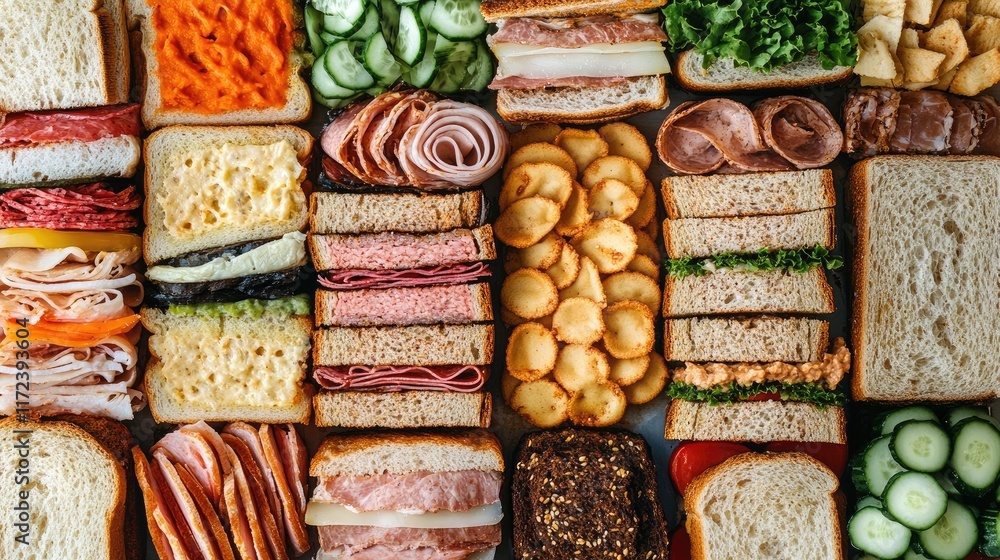 Poster overhead view of assorted fresh sandwiches with vibrant ingredients arranged neatly on a wooden surf