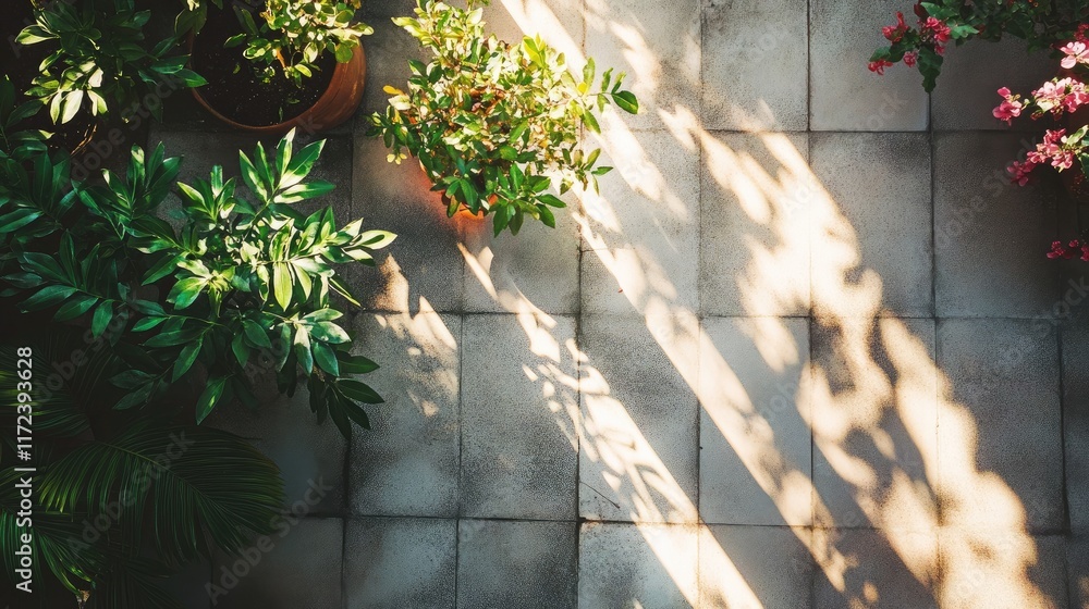 Aufkleber overhead view of lush greenery and plant pots casting shadows on a textured concrete pathway in natu
