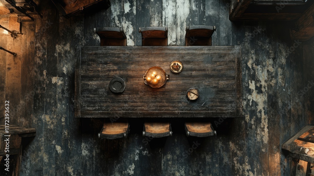 Poster overhead perspective of a rustic wooden dining table with deconstructed chairs and dim lighting ambi