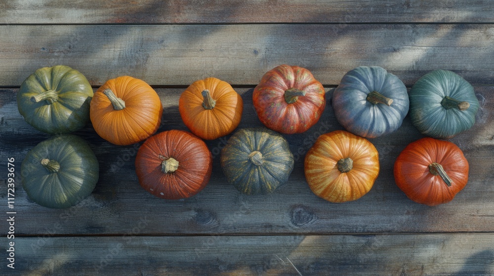 Poster overhead view of assorted colorful pumpkins arranged on a rustic wooden table for seasonal decoratio