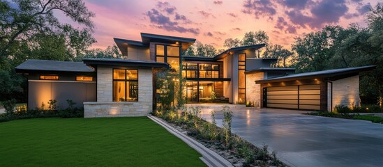 Fototapeta premium Modern luxurious home exterior with contemporary design and beautifully landscaped surroundings at sunset.