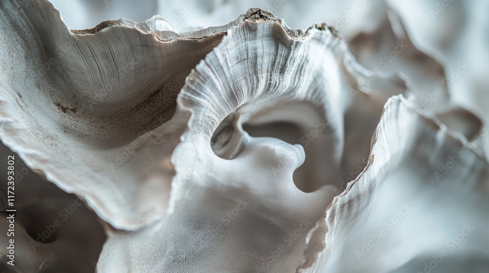 Poster Close up of intricate oyster shell textures showcasing natural patterns and organic forms in a soft muted color palette