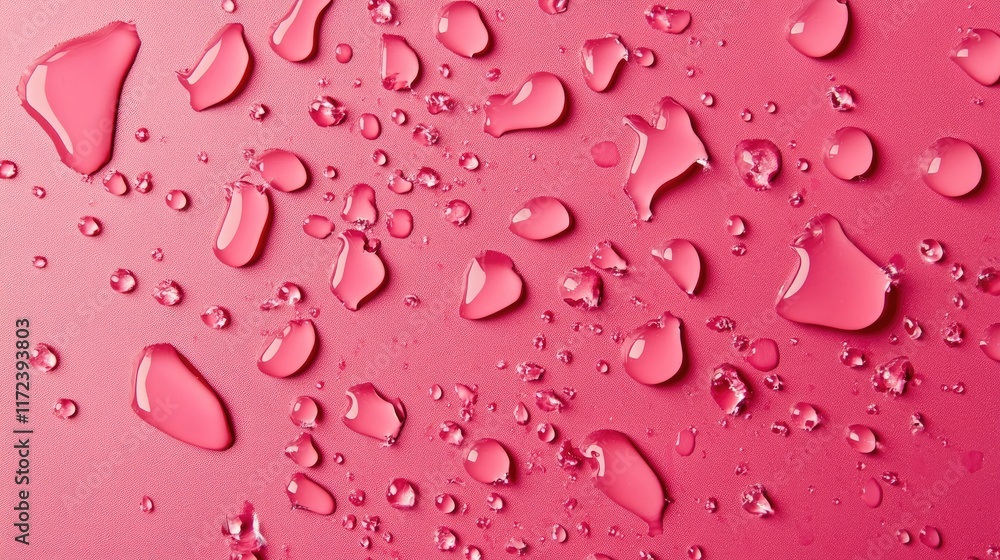 Poster Pink chocolate droplets scattered on a vibrant red background creating a visually appealing abstract texture design.