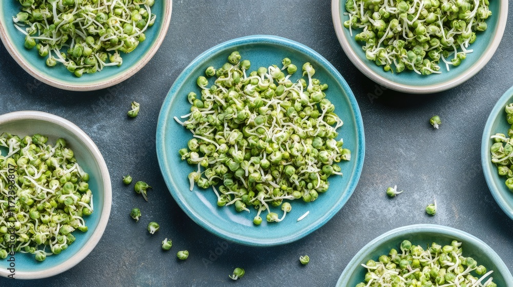 Poster overhead view of fresh green sprouts arranged in decorative plates on a textured surface