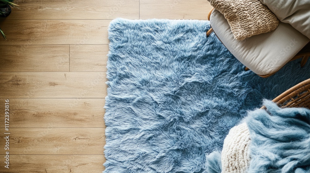 Poster cozy overhead view of a soft blue blanket draped over a plush rug on a warm wooden floor creating a 