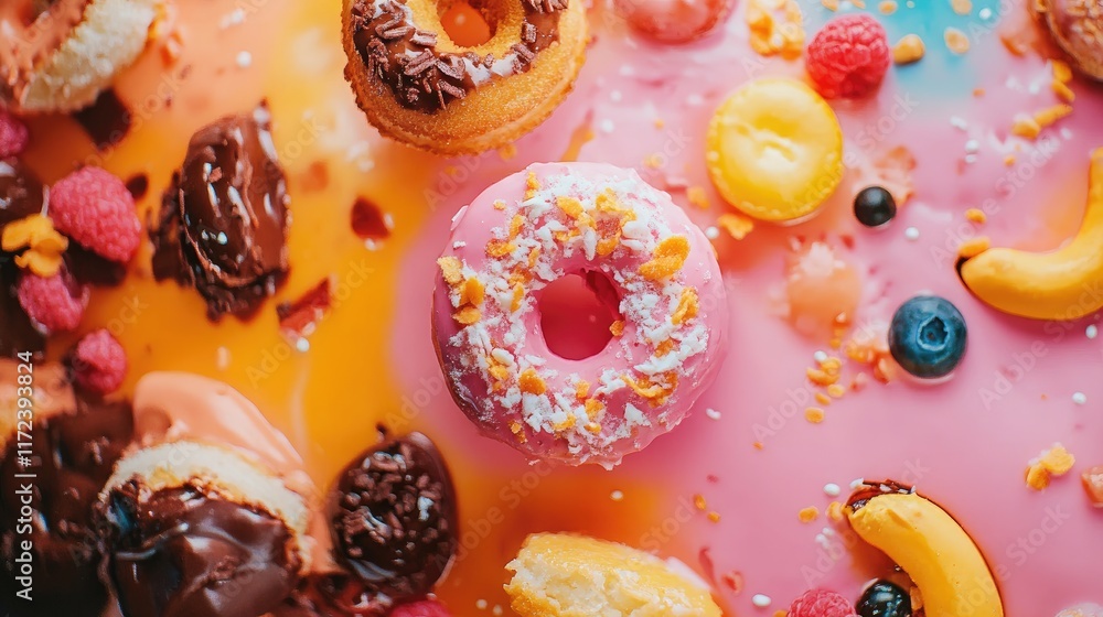 Poster colorful donuts and fruits on a vibrant background creating a fun and indulgent food experience perf