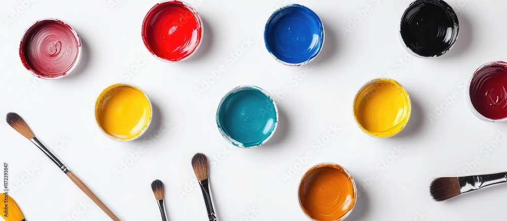 Poster vibrant paint cans and brushes overhead on a clean white background perfect for artistic projects an