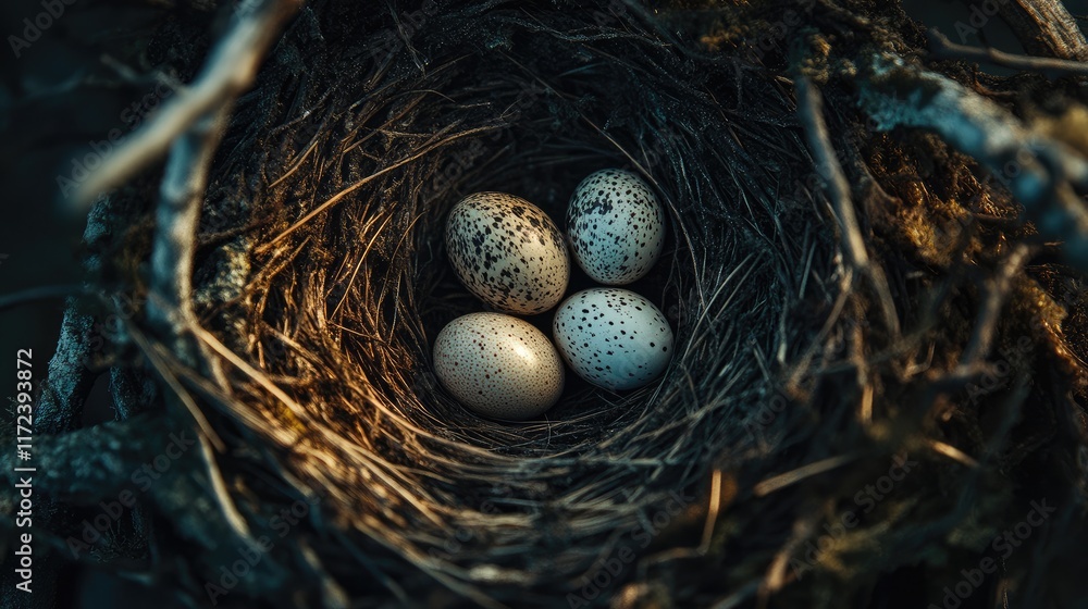 Poster quail eggs in a natural nest captured from above with selective focus highlighting their unique spec