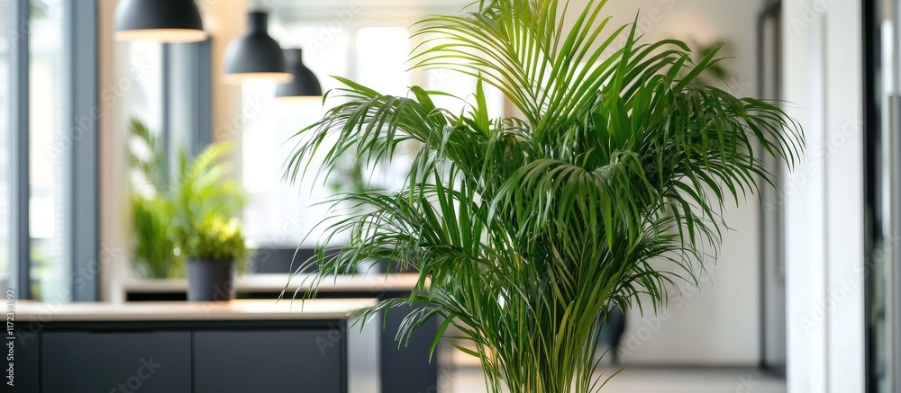 Poster Palm plants enhancing modern workspace decor with greenery and elegance creating a calming atmosphere for productivity and well-being