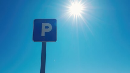 Overnight parking sign illuminated by bright sunlight against a clear blue sky enhancing visibility and clarity for drivers