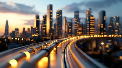 Obraz premium Urban Cityscape at Dusk with Highway Curving Toward Skyline and Glowing Lights in a Modern Metropolis