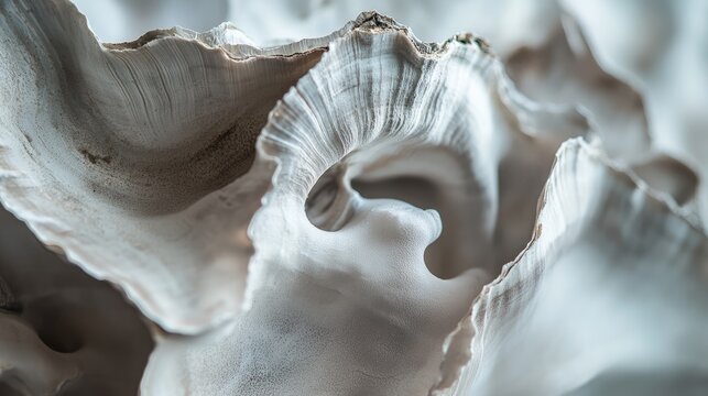 Close up of intricate oyster shell textures showcasing natural patterns and organic forms in a soft muted color palette